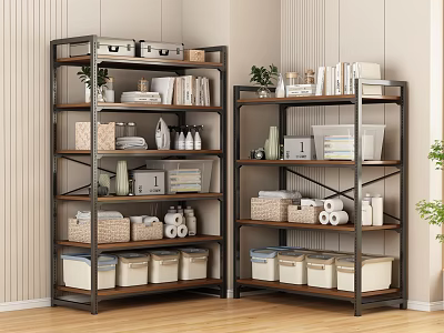Modern Storage Shelves with Metal Frame and Wooden Shelving Storage Bins Baskets Books and Plants 3d model