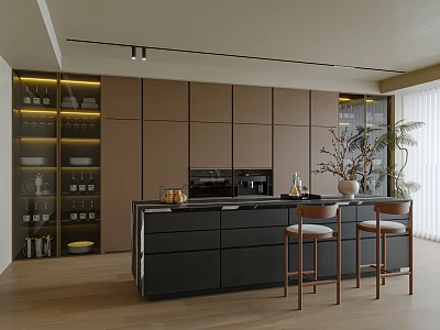 Modern Kitchen With Brown Cabinets Black Island Bar Stools Glass Door Cabinets And Wooden Flooring 3d model