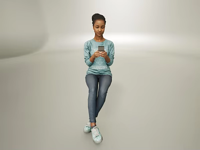 Woman Sitting Using Smartphone In Teal Sweater Blue Jeans White Sneakers On Plain Background 3d model