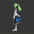 Game Movie Character With Green Hair And White Black Outfit White Wing Decorations Arms Outstretched