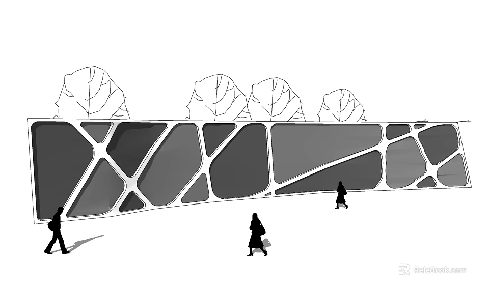 Geometric Pattern Building Exterior Wall Design with Trees and People Walking 3d model 