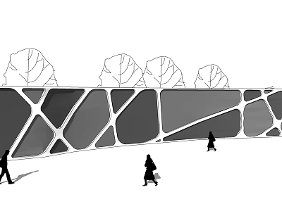Geometric Pattern Building Exterior Wall Design with Trees and People Walking 3d model
