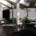 Serene Garden Landscape With Circular Platform Fire Pit Lounge Chair Water Feature And Greenery