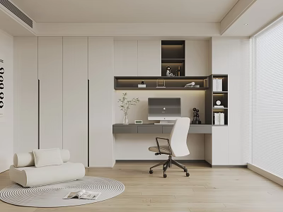 Modern Study Room Interior With White Built in Cabinets Desk Computer Chair And Cozy Sofa 3d model
