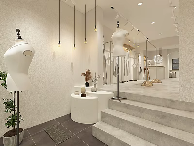 Modern Clothing Store With Mannequins Hanging Lights Staircase And Minimalist Interior Design 3d model