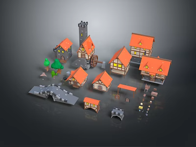 Cartoon Scene With Colorful Houses Tower Trees Road And Street Lamps 3d model