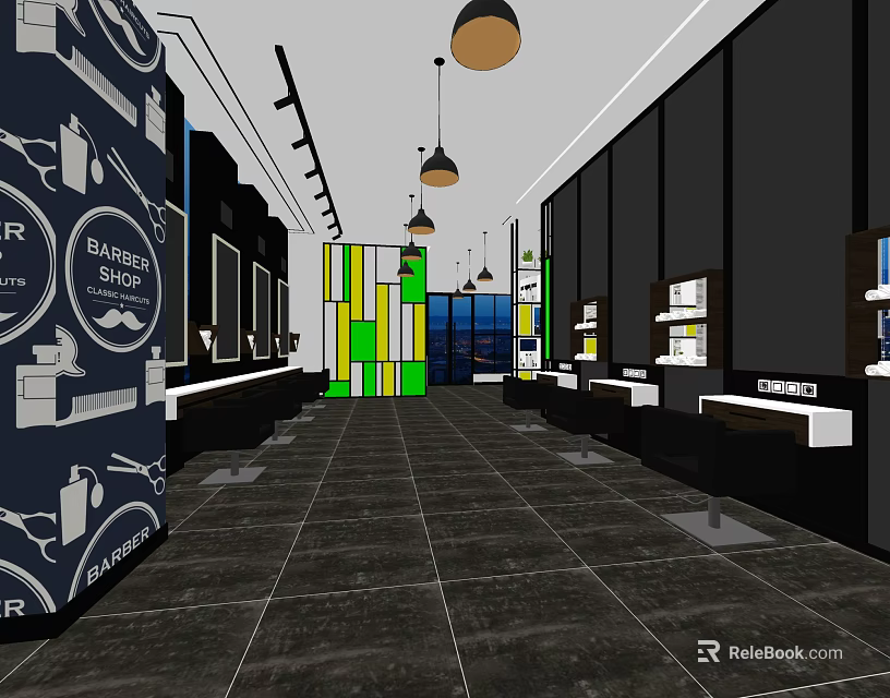 Hair Salon Interior Design With Decorative Walls Mirrors Workstations Pendant Lights And Tiled Floor 3d model 