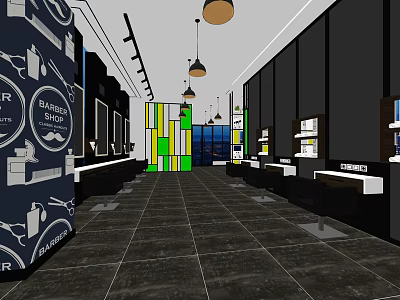 Hair Salon Interior Design With Decorative Walls Mirrors Workstations Pendant Lights And Tiled Floor 3d model