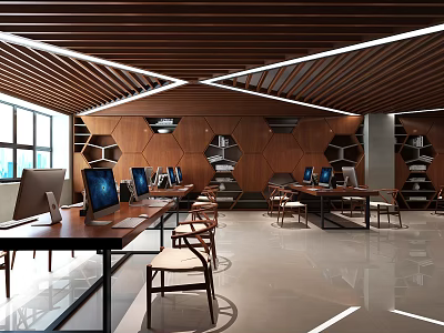 Modern Office Open Layout Interior With Wooden Ceiling Hexagonal Bookshelves Computers Desks and Chairs 3d model
