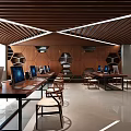 Modern Office Open Layout Interior With Wooden Ceiling Hexagonal Bookshelves Computers Desks and Chairs