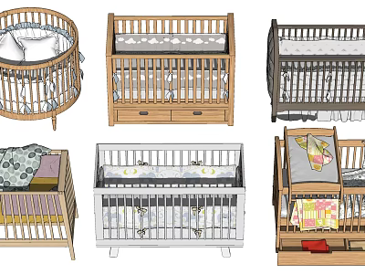 Various Stylish Baby Cribs With Wooden Designs Drawers And Color Options 3d model