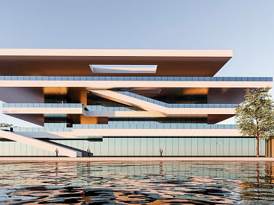 Modern Building Exterior With Glass Curtain Wall Water Pool Stairs And Tree 3d model