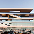 Modern Building Exterior With Glass Curtain Wall Water Pool Stairs And Tree