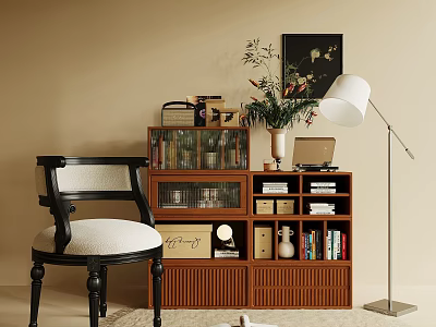 Warm Wooden Entryway Side Cabinet Interior With Glass Doors Storage Green Plant And Floor Lamp 3d model