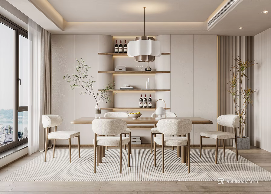 Modern Dining Room Interior With Light Wood Table Chairs Pendant Light Shelves And Green Plants 3d model 
