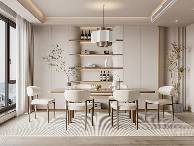 Modern Dining Room Interior With Light Wood Table Chairs Pendant Light Shelves And Green Plants 3d model