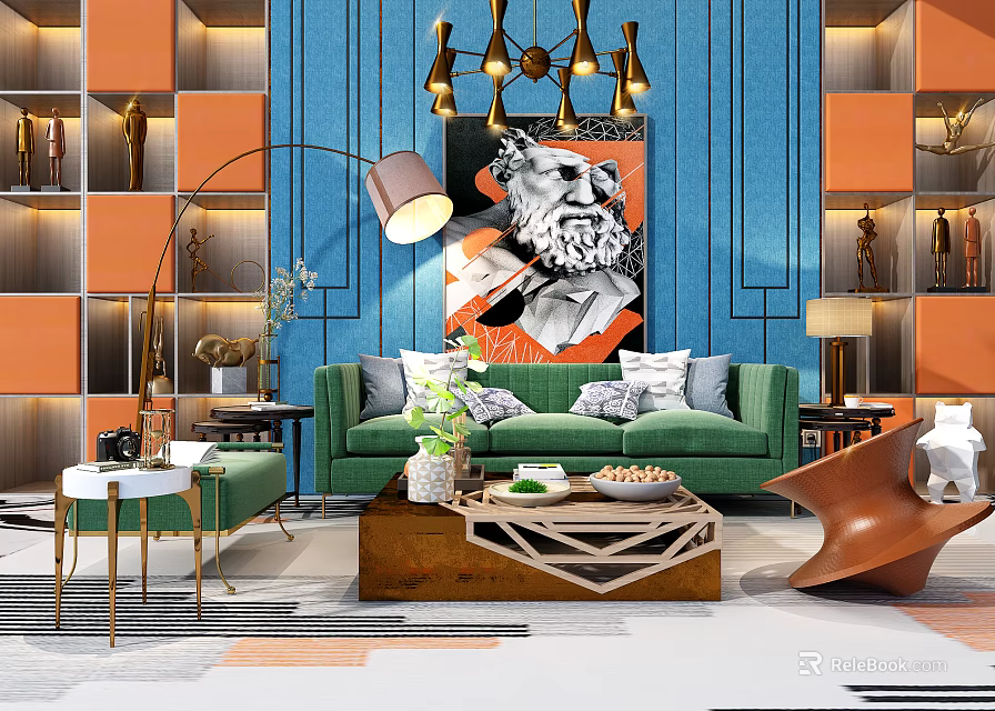Green Sofa And Coffee Table Set With Wooden Table Blue Wall Orange Decor Gold Elements 3d model 