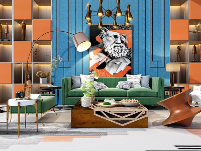 Green Sofa And Coffee Table Set With Wooden Table Blue Wall Orange Decor Gold Elements 3d model