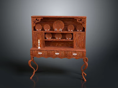 Traditional Wooden Cabinet With Carved Design Plates On Top Three Drawers And Curved Legs 3d model