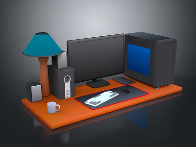 Orange Office Desk Setup With Lamp Monitor Computer Tower Speakers Mouse Keyboard And Mug 3d model