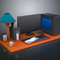 Orange Office Desk Setup With Lamp Monitor Computer Tower Speakers Mouse Keyboard And Mug