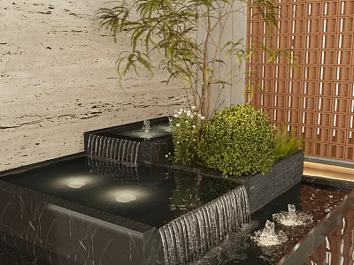 Modern Garden Decorative Water Feature With Black Marble Fountain Bamboo Plant And Lush Green Shrubs 3d model