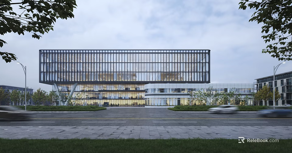 Modern Office Building Featuring Glass Curtain Wall Open Design Greenery Spacious Entrance And Passing Vehicle 3d model 