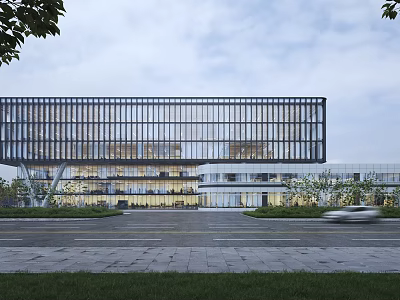 Modern Office Building Featuring Glass Curtain Wall Open Design Greenery Spacious Entrance And Passing Vehicle 3d model