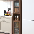 Wooden Sideboard Cabinet With Glass Doors In Modern Kitchen Storage Fruits And Wine Bottles