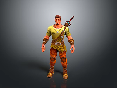 Man Wearing Yellow Shirt Brown Pants With Waist Belt And Sword On Back Fantasy Character 3d model