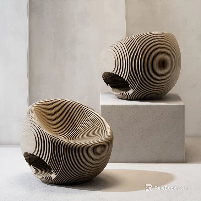 Modern Minimalist Wooden Leisure Chairs With Striped Texture Egg Shaped Design On White Cube Pedestals 3d model 