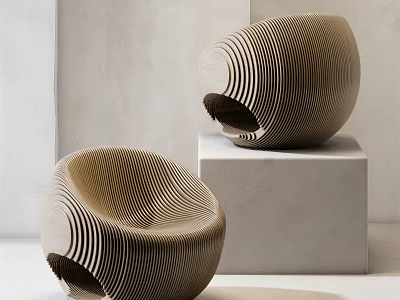 Modern Minimalist Wooden Leisure Chairs With Striped Texture Egg Shaped Design On White Cube Pedestals 3d model