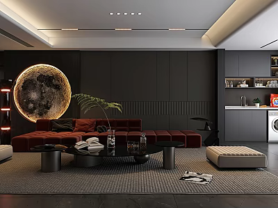Modern Living Room Interior With Red Sofa Circular Moon Decoration Black Walls And Green Plant 3d model
