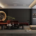 Modern Living Room Interior With Red Sofa Circular Moon Decoration Black Walls And Green Plant