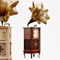 Vintage Gramophones With Golden Horns Wooden Bases And Intricate Decorative Patterns