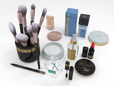 Perfume And Cosmetics Collection With Makeup Brushes Foundation Lipstick Eyeshadow Palette And Serum 3d model