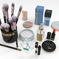 Perfume And Cosmetics Collection With Makeup Brushes Foundation Lipstick Eyeshadow Palette And Serum