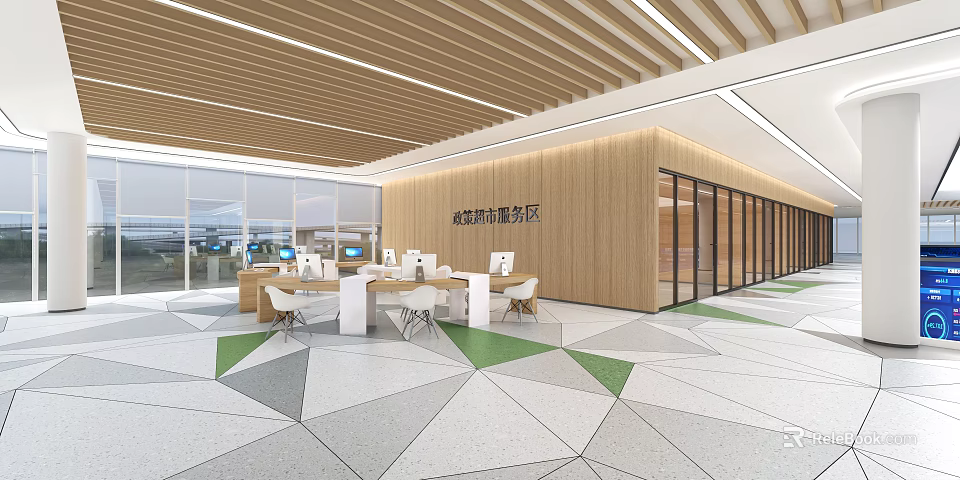 Modern Spacious Public Service Hall With Wooden Decoration And Open Comfortable Service Workstations 3d model 