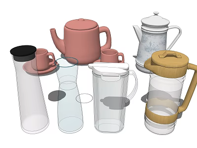 Household Daily Appliances Featuring Colorful Teapots Mugs And Transparent Pitchers 3d model
