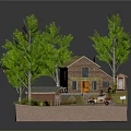 Cartoon Model Scene With Brown House Chimney Green Trees Small Shed and Vintage Car