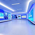 Modern Exhibition Hall Featuring Large Screen Showing Urban Planning Layout And Columns