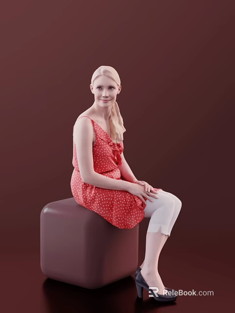 Woman In Red Polka Dot Sleeveless Dress White Pants Sitting On Brown Cube Brown Background 3d model 
