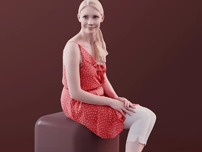 Woman In Red Polka Dot Sleeveless Dress White Pants Sitting On Brown Cube Brown Background 3d model