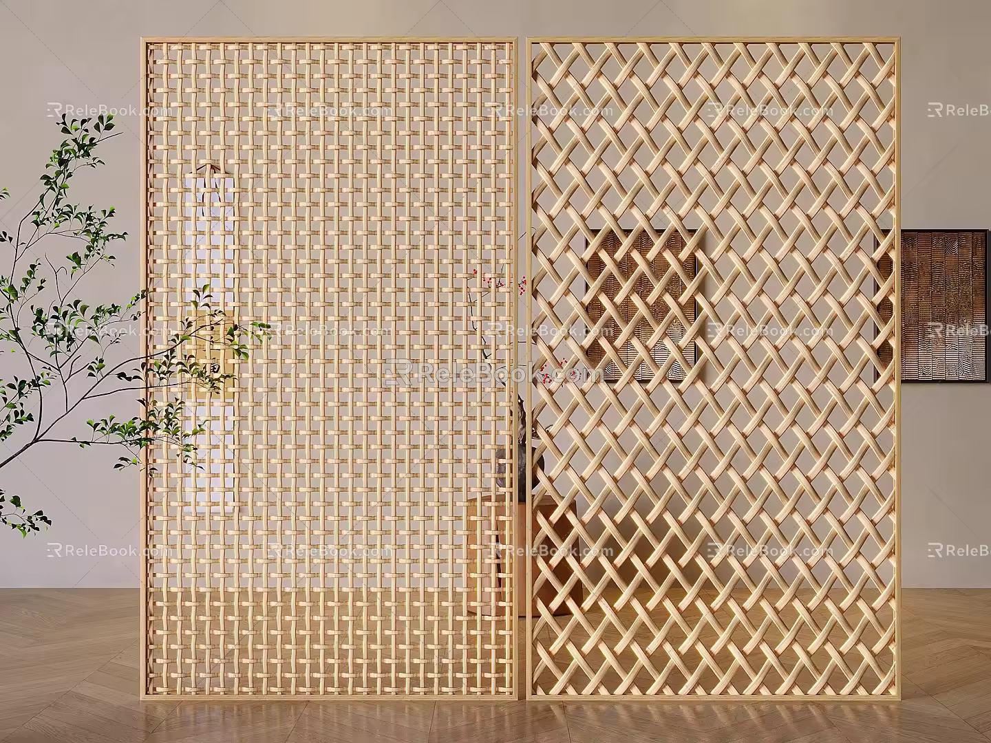Chinese-style Solid Wood Screen Partition Lattice Entrance Rattan Screen 3d model