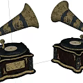 Vintage Gramophones With Horn Shaped Speakers Black Gold Decorations And Ornate Bases