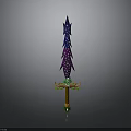 Fantasy Sword Weapon Design Featuring Purple Blue Star Pattern Green Accents And Wooden Handle