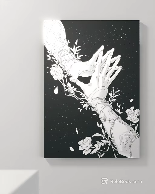 Black and White Illustration of Two Hands with Vines Flowers on Starry Background 3d model 