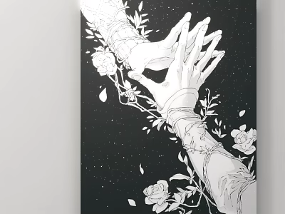 Black and White Illustration of Two Hands with Vines Flowers on Starry Background 3d model