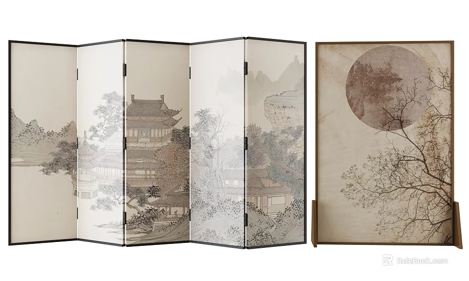 Traditional Chinese Folding Screen with Landscape Painting Ancient Building Moon and Tree Design 3d model 