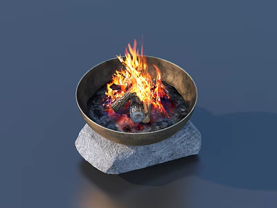 Modern Outdoor Fire Pit With Burning Wood Logs And Stone Base 3d model